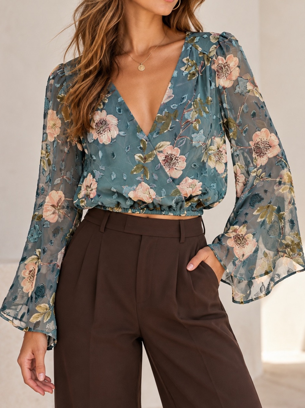 ASTR The Label Teal Floral Burnout Wrap Blouse Bell Sleeve Romantic M